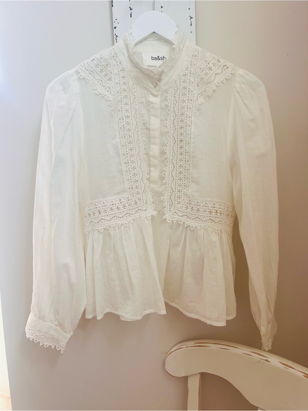 ba&sh Cream Lace-Trim Cotton Peplum Blouse